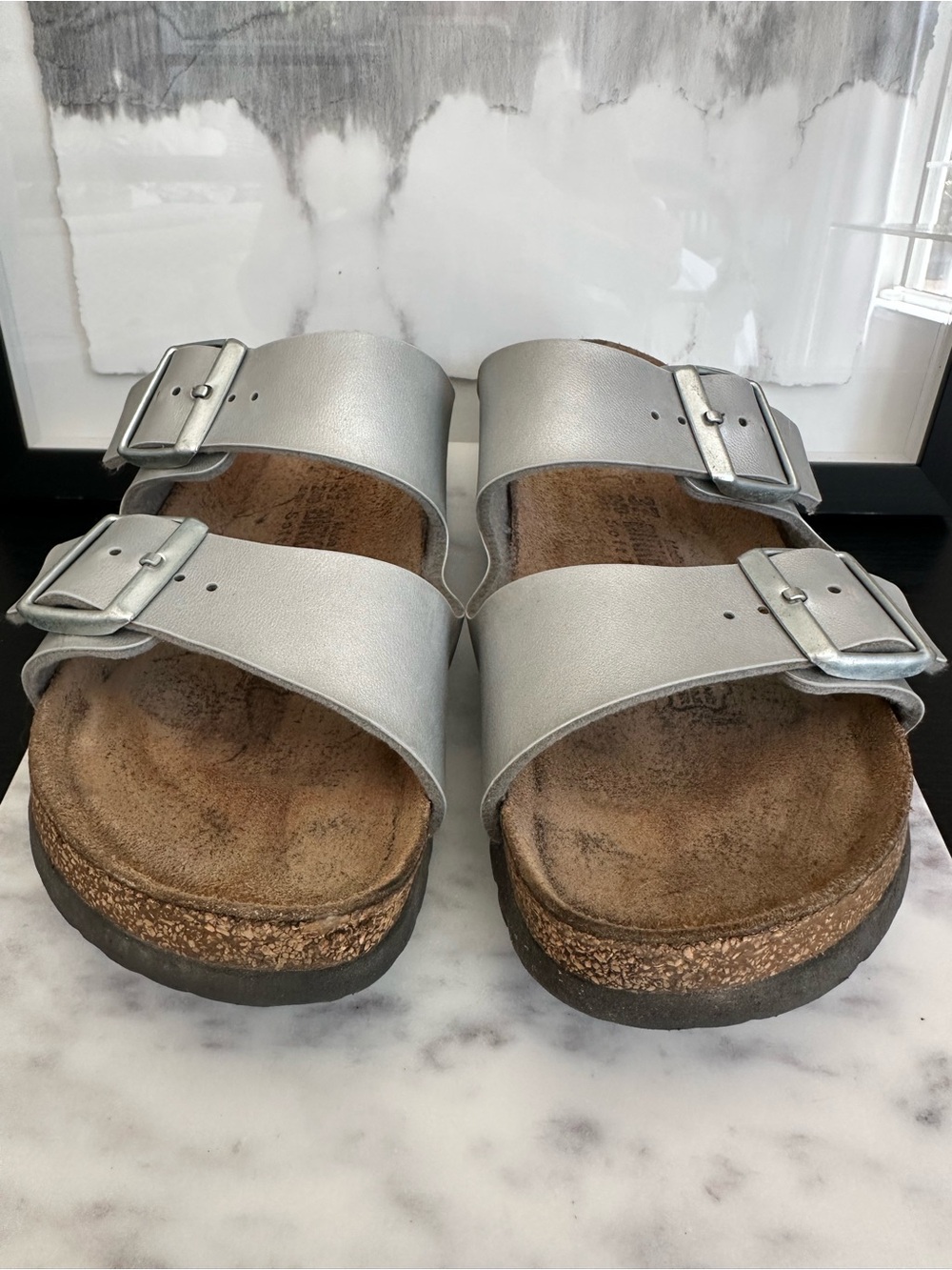 Birkenstock Silver Double Strap Arizona Sandals - Size 37/6.5 - Picture 5 of 6